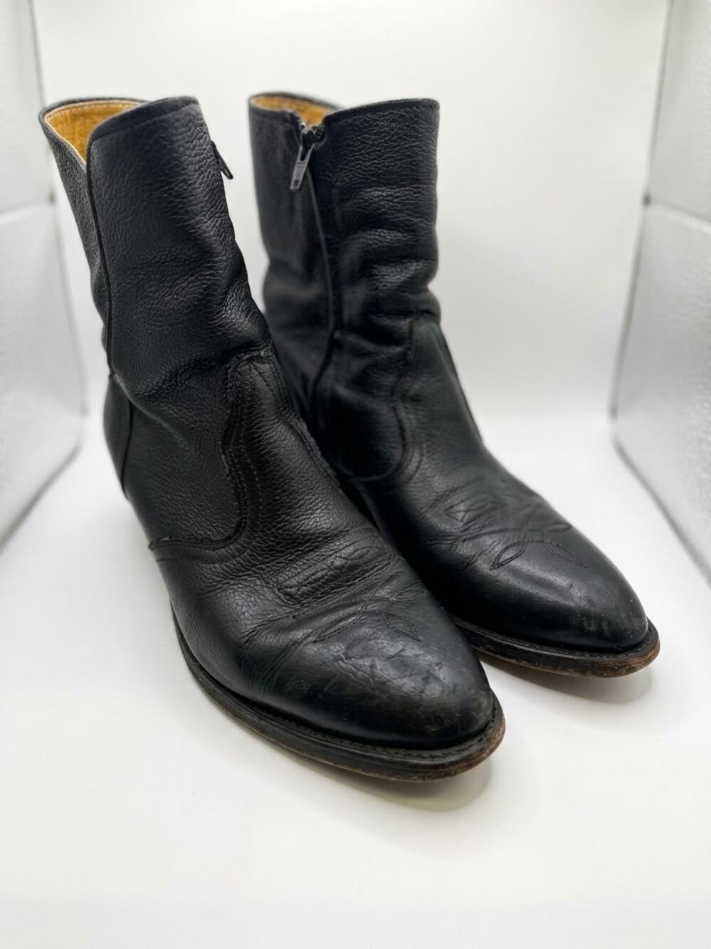 Boulet Vintage Black Leather Western Cowboy Zip Boots Mens 7.5 Womens 9